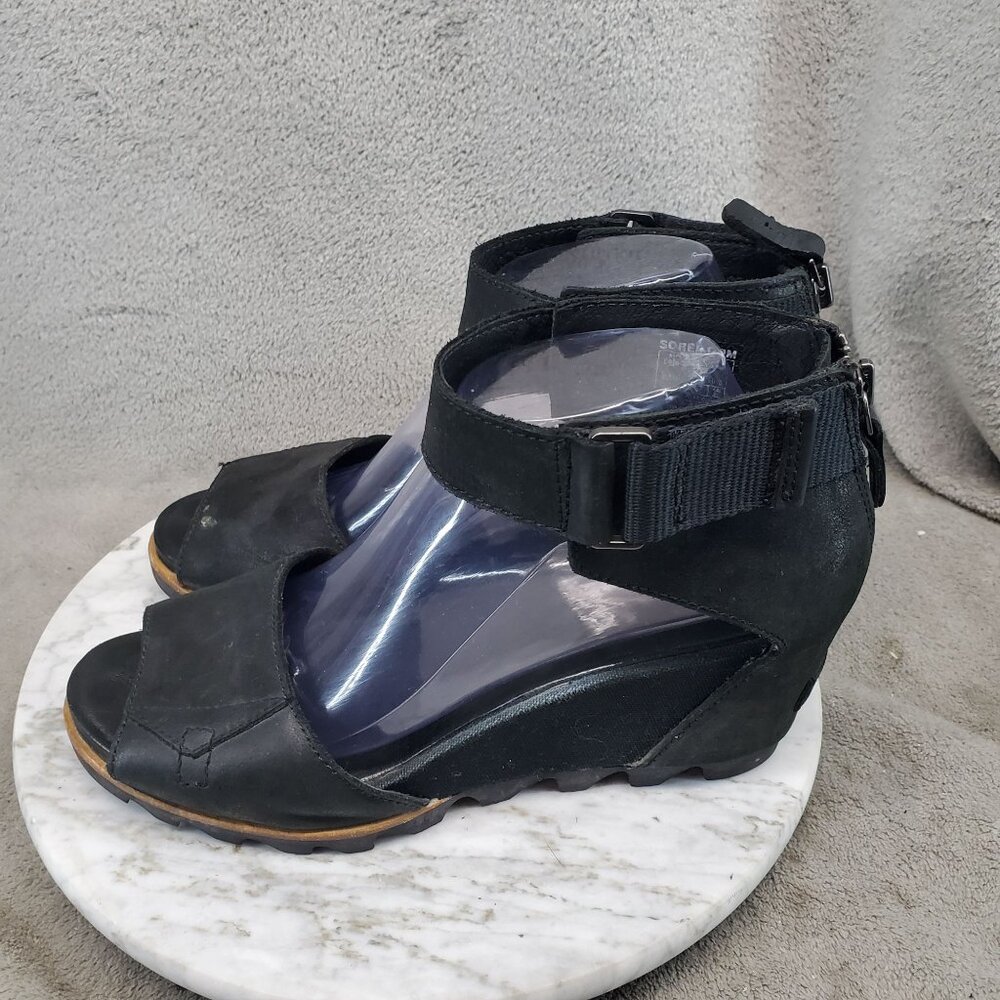Sorel Shoes Womens Size 10 Leather Joanie II Black Leather Wedge Heel Sandals